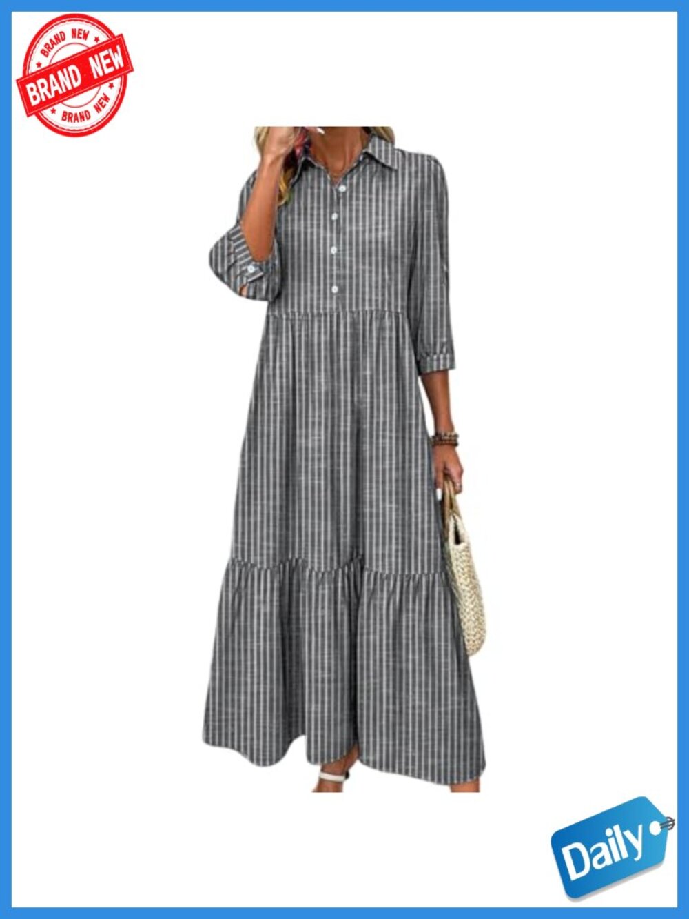 Striped Shirt Maxi Dress with Collared Neck and 3/4 Sleeves